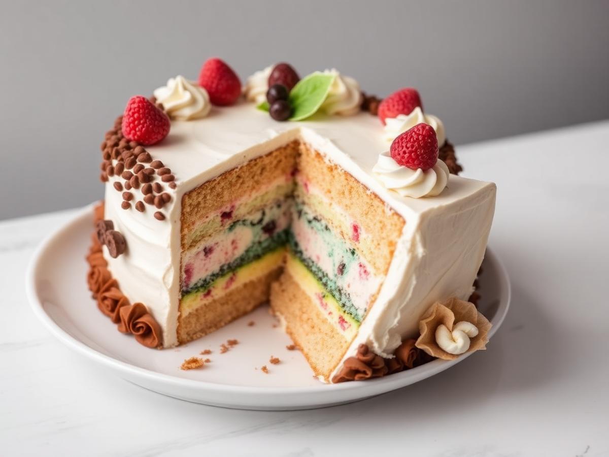 Sliced custom Cowan's ice cream cake with visible colorful layers