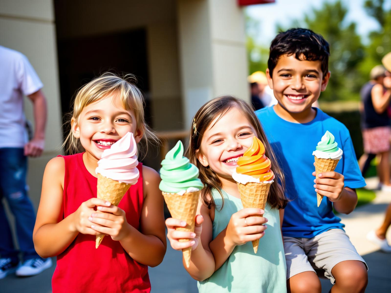 Three smiling kids holding colorful ice cream cones at Cowan's Dairy